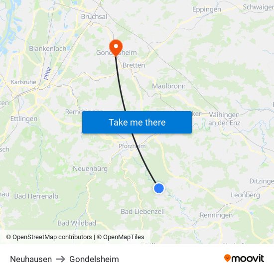 Neuhausen to Gondelsheim map