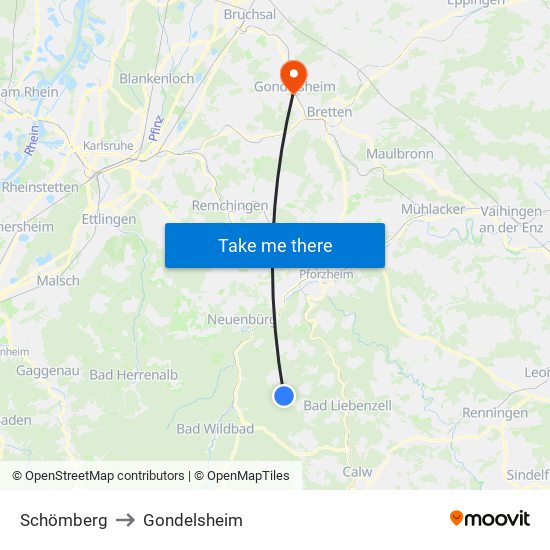 Schömberg to Gondelsheim map