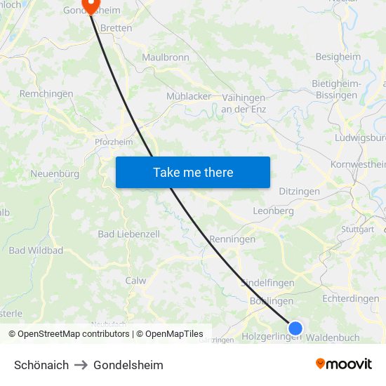 Schönaich to Gondelsheim map