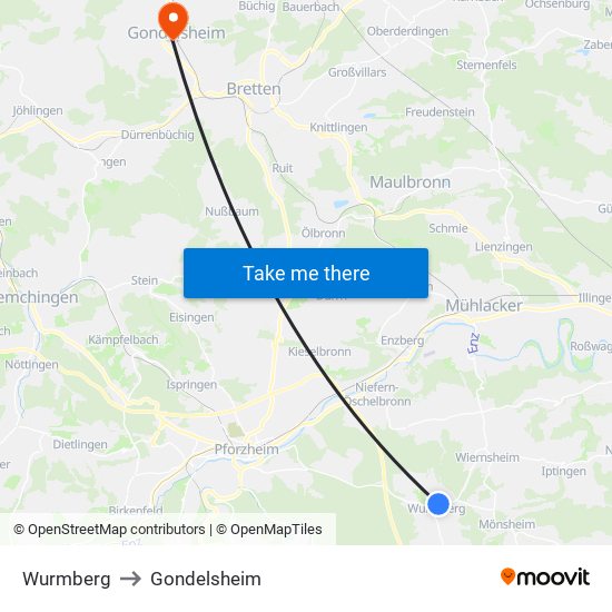 Wurmberg to Gondelsheim map