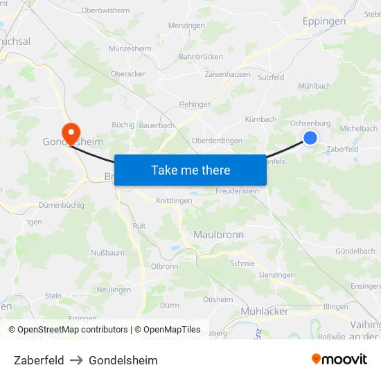 Zaberfeld to Gondelsheim map