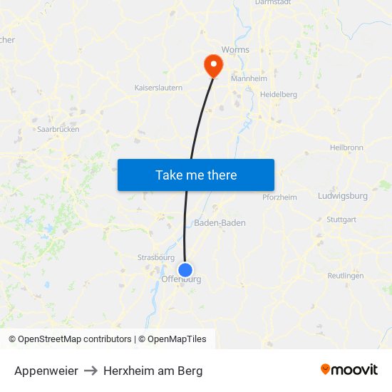 Appenweier to Herxheim am Berg map
