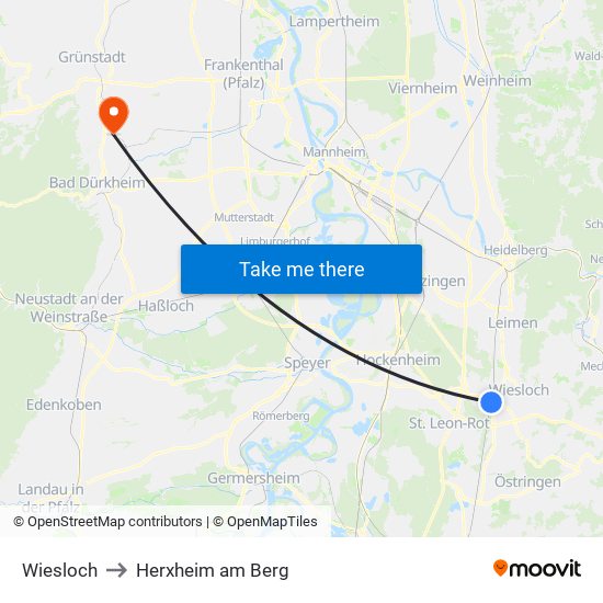 Wiesloch to Herxheim am Berg map