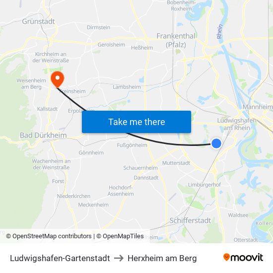 Ludwigshafen-Gartenstadt to Herxheim am Berg map