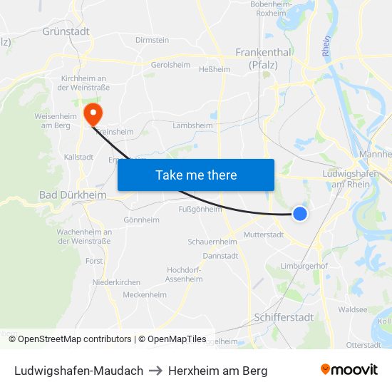 Ludwigshafen-Maudach to Herxheim am Berg map