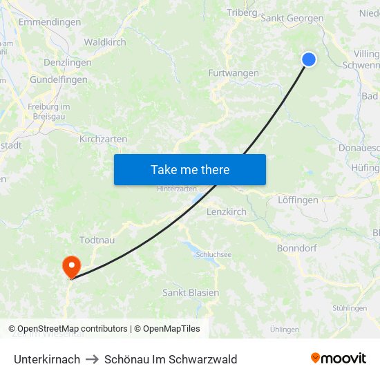 Unterkirnach to Schönau Im Schwarzwald map