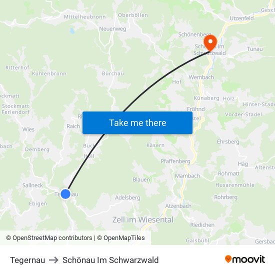 Tegernau to Schönau Im Schwarzwald map