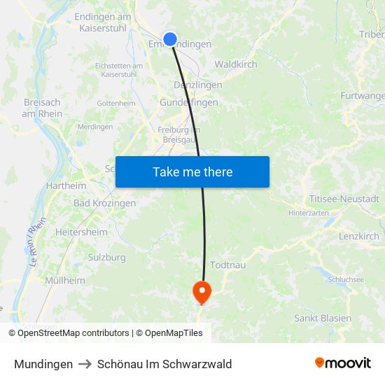 Mundingen to Schönau Im Schwarzwald map