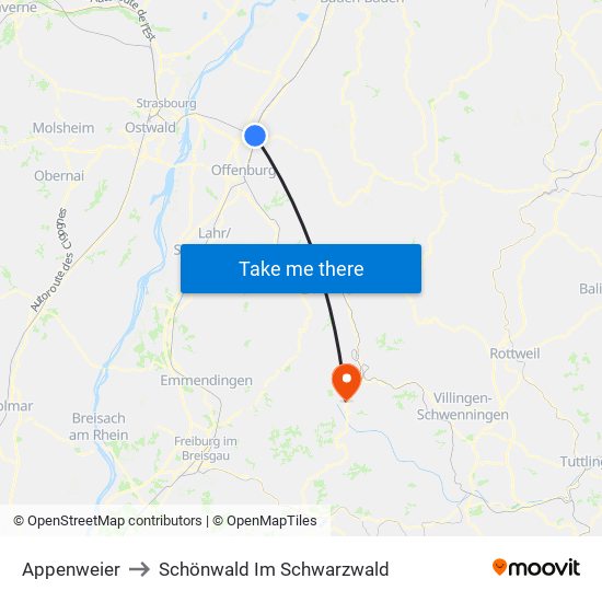 Appenweier to Schönwald Im Schwarzwald map