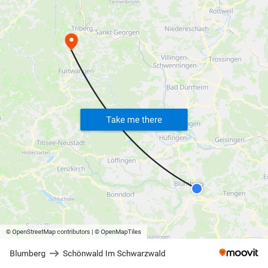 Blumberg to Schönwald Im Schwarzwald map