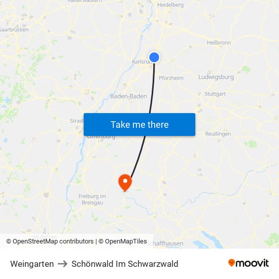 Weingarten to Schönwald Im Schwarzwald map
