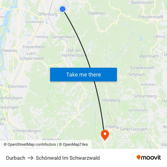 Durbach to Schönwald Im Schwarzwald map