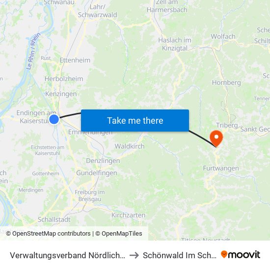 Verwaltungsverband Nördlicher Kaiserstuhl to Schönwald Im Schwarzwald map