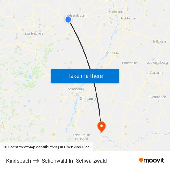 Kindsbach to Schönwald Im Schwarzwald map