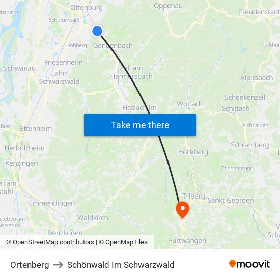 Ortenberg to Schönwald Im Schwarzwald map