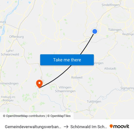 Gemeindeverwaltungsverband Oberes Gäu to Schönwald Im Schwarzwald map