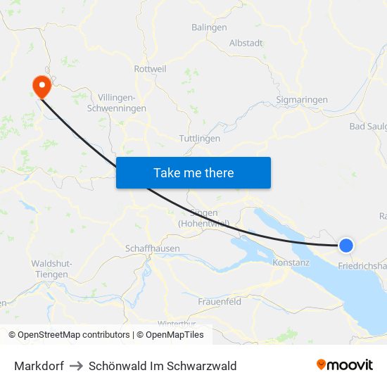 Markdorf to Schönwald Im Schwarzwald map