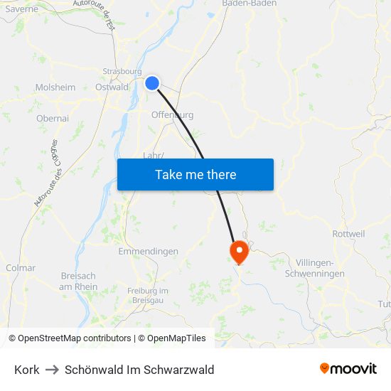 Kork to Schönwald Im Schwarzwald map