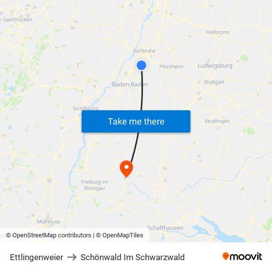 Ettlingenweier to Schönwald Im Schwarzwald map