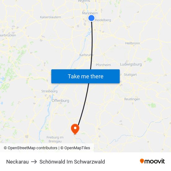 Neckarau to Schönwald Im Schwarzwald map