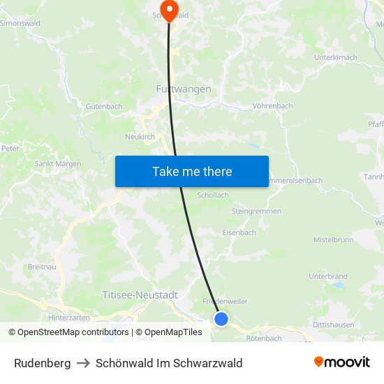 Rudenberg to Schönwald Im Schwarzwald map