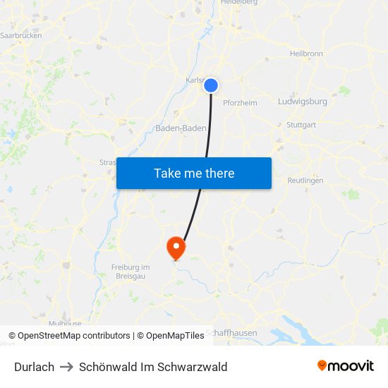 Durlach to Schönwald Im Schwarzwald map