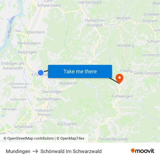 Mundingen to Schönwald Im Schwarzwald map