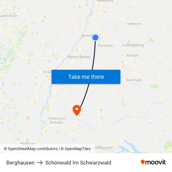 Berghausen to Schönwald Im Schwarzwald map