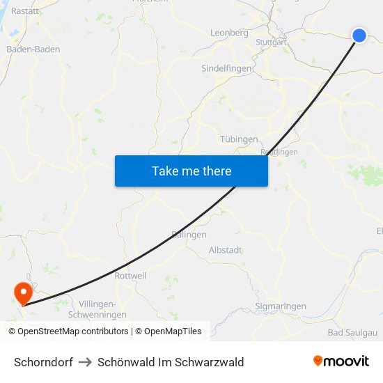 Schorndorf to Schönwald Im Schwarzwald map