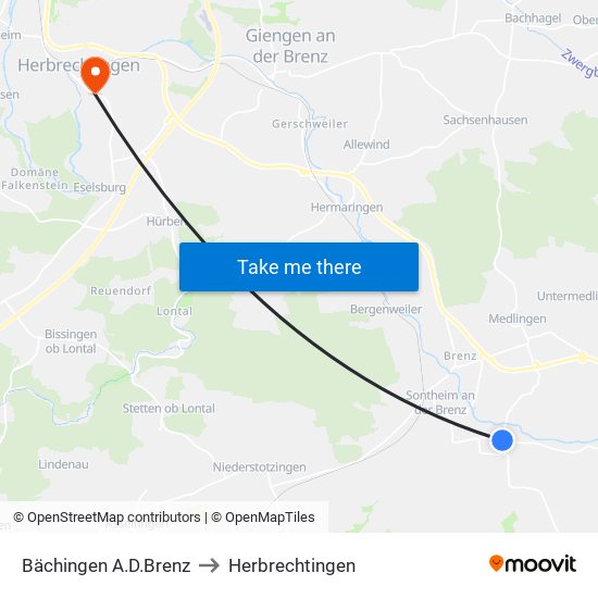 Bächingen A.D.Brenz to Herbrechtingen map