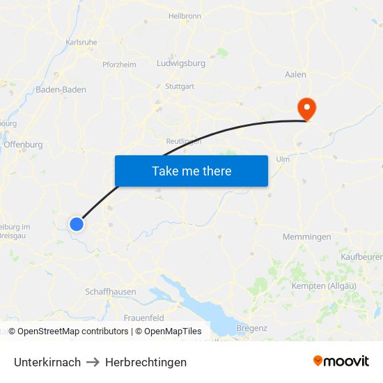 Unterkirnach to Herbrechtingen map