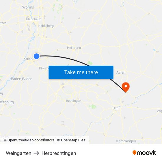 Weingarten to Herbrechtingen map