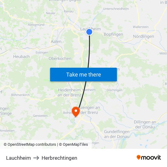 Lauchheim to Herbrechtingen map