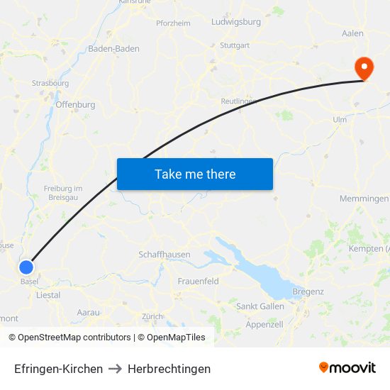 Efringen-Kirchen to Herbrechtingen map