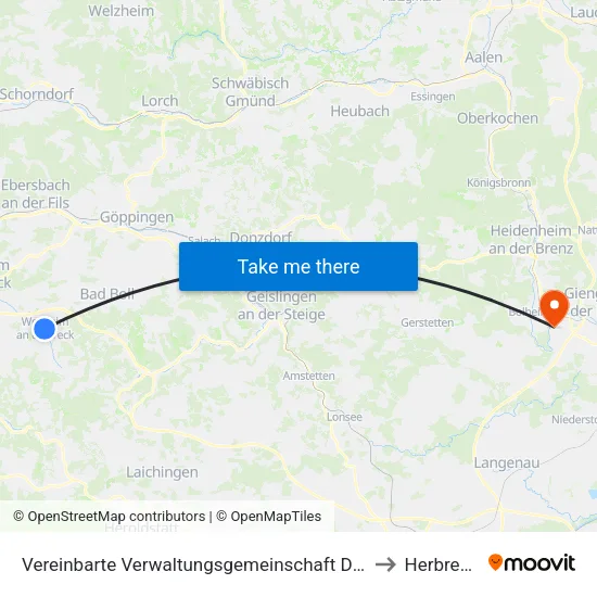 Vereinbarte Verwaltungsgemeinschaft Der Stadt Weilheim An Der Teck to Herbrechtingen map