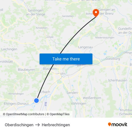 Oberdischingen to Herbrechtingen map