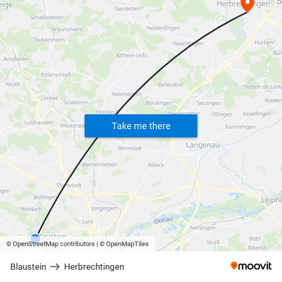 Blaustein to Herbrechtingen map