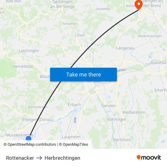 Rottenacker to Herbrechtingen map
