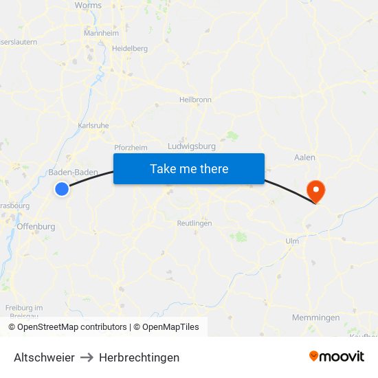 Altschweier to Herbrechtingen map