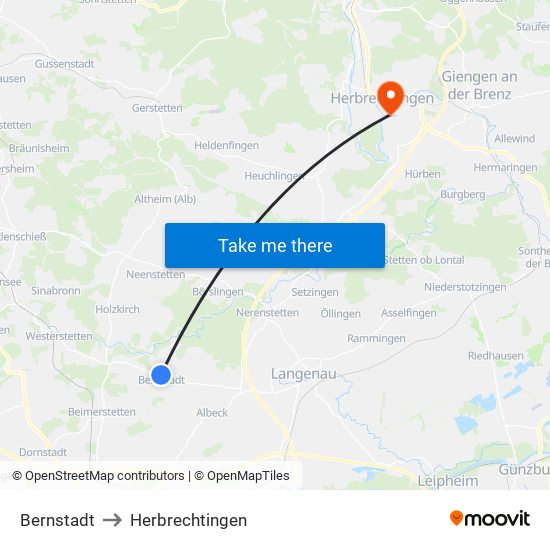 Bernstadt to Herbrechtingen map