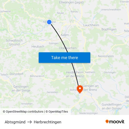 Abtsgmünd to Herbrechtingen map