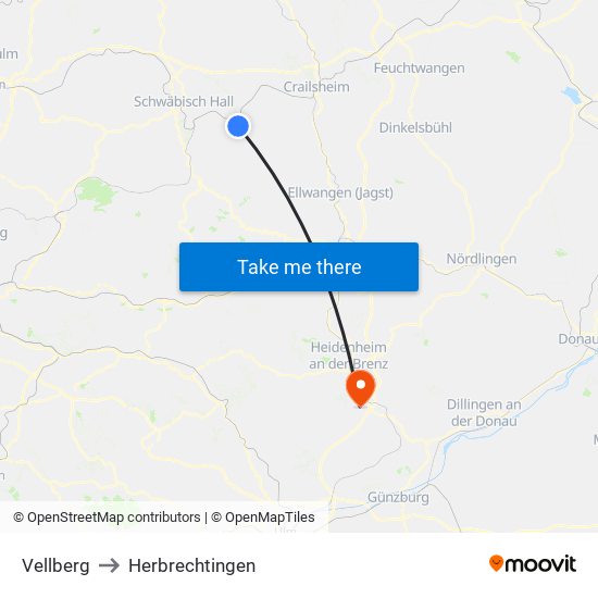 Vellberg to Herbrechtingen map