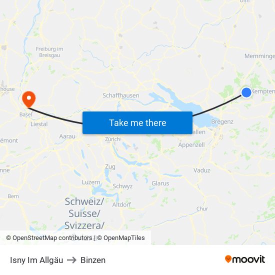 Isny Im Allgäu to Binzen map