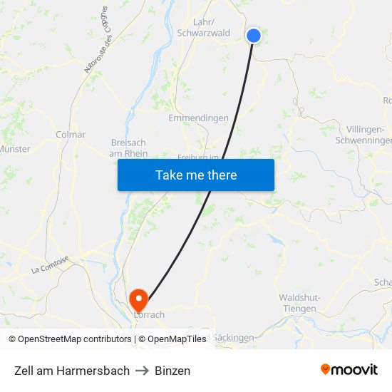 Zell am Harmersbach to Binzen map