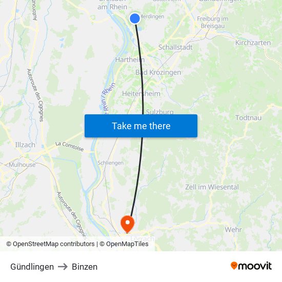 Gündlingen to Binzen map