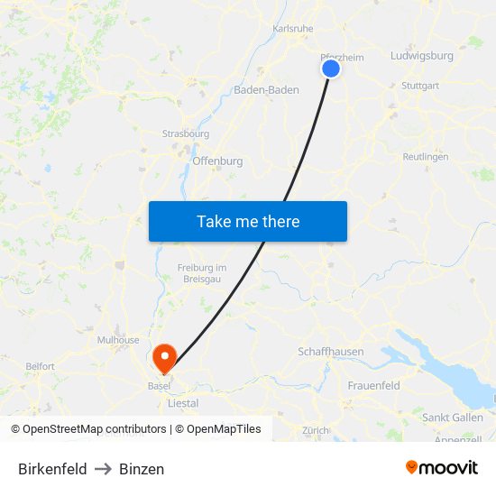 Birkenfeld to Binzen map