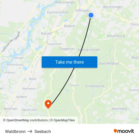 Waldbronn to Seebach map