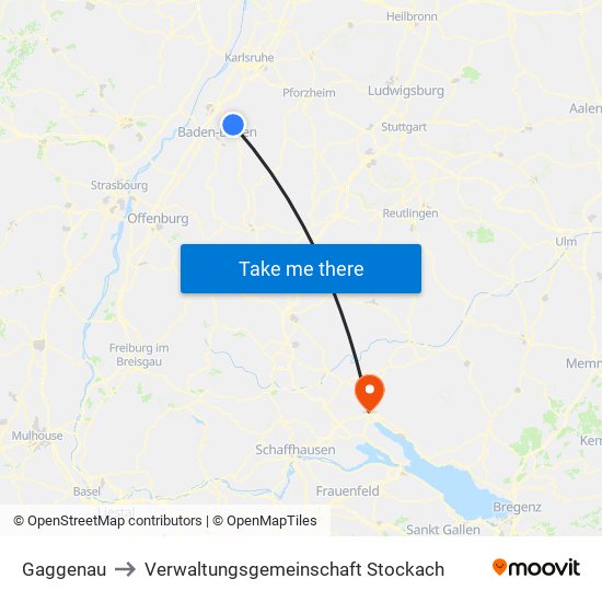 Gaggenau to Verwaltungsgemeinschaft Stockach map