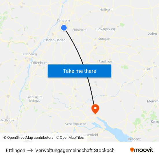 Ettlingen to Verwaltungsgemeinschaft Stockach map