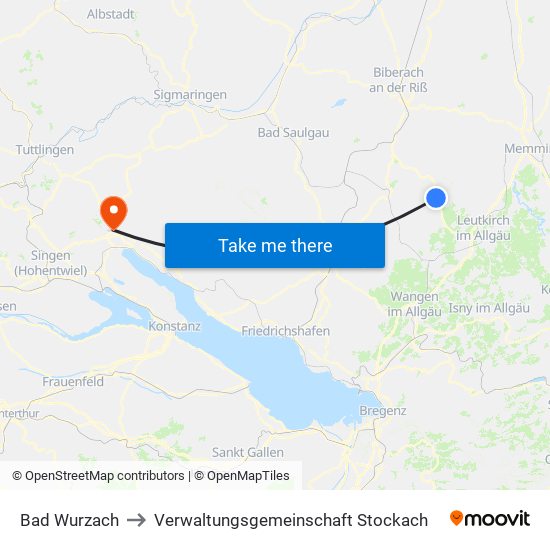 Bad Wurzach to Verwaltungsgemeinschaft Stockach map